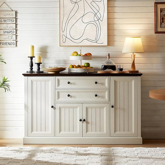 Farmhouse 58" Buffet Cabinet with Storage, 34" Tall Coffee Bar Cabinet w/2 Large Drawers & 4 Grooved Barn Doors, Wood Rustic Sideboard Buffet Cabinet for Dinning Room, Kitchen, Living Room,White
