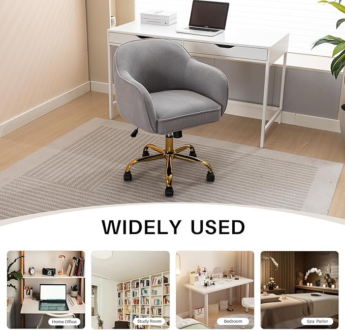 Home Office Desk Chair with Arms Gold Wheels Modern Velvet Upholstered Rolling Computer Chair Mid-Back Ergonomic Adjustable Swivel Vanity Chair for Bedroom Study Office, Grey,Corduroy