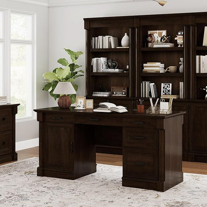 61.85″ Large Executive Desk with Roman Column Design, for Boss Office Home Office 3 Drawers incl. File Drawer, Keyboard Tray, Shelf Cabinet with Door, Dark Cherry