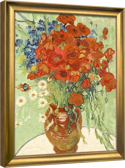 Wieco Art Framed Wall Art Canvas Prints of Red Poppies and Daisies Canvas Wall Art of Van Gogh Paintings Reproduction Abstract Artwork for Wall Decor Bronze Gold Frame