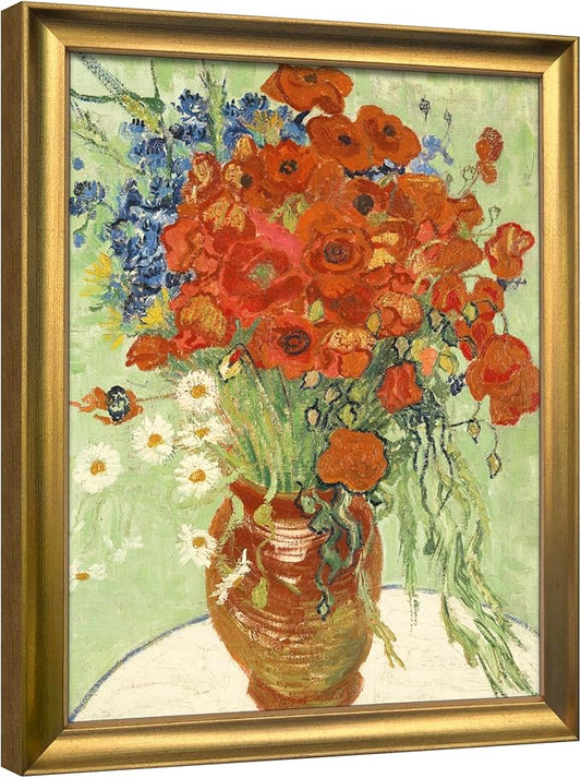 Wieco Art Framed Wall Art Canvas Prints of Red Poppies and Daisies Canvas Wall Art of Van Gogh Paintings Reproduction Abstract Artwork for Wall Decor Bronze Gold Frame