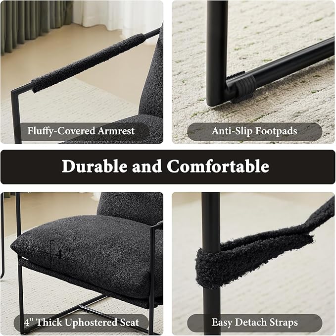 Furniliving Sling Accent Chair with Metal Frame, Comfortable Boucle Fabric Arm Chair, Upholstered Cozy Reading Chair for Living Room, Bedroom, Dressing Room, Home Office, Black