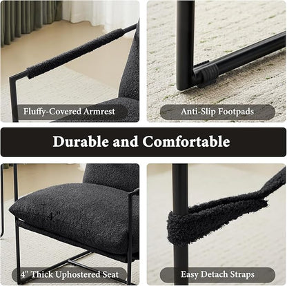 Furniliving Sling Accent Chair with Metal Frame, Comfortable Boucle Fabric Arm Chair, Upholstered Cozy Reading Chair for Living Room, Bedroom, Dressing Room, Home Office, Black