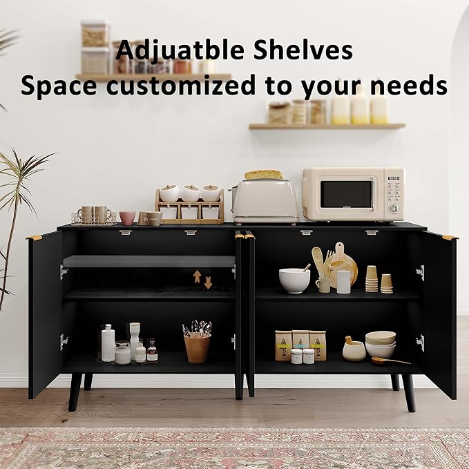 JASIWAY Sideboard Buffet Cabinet with Storage, 55" Sideboard with 4 Fluted Doors Scandinavian Wood Coffee Bar Cabinet Credenza for Living Room, Kitchen, Black