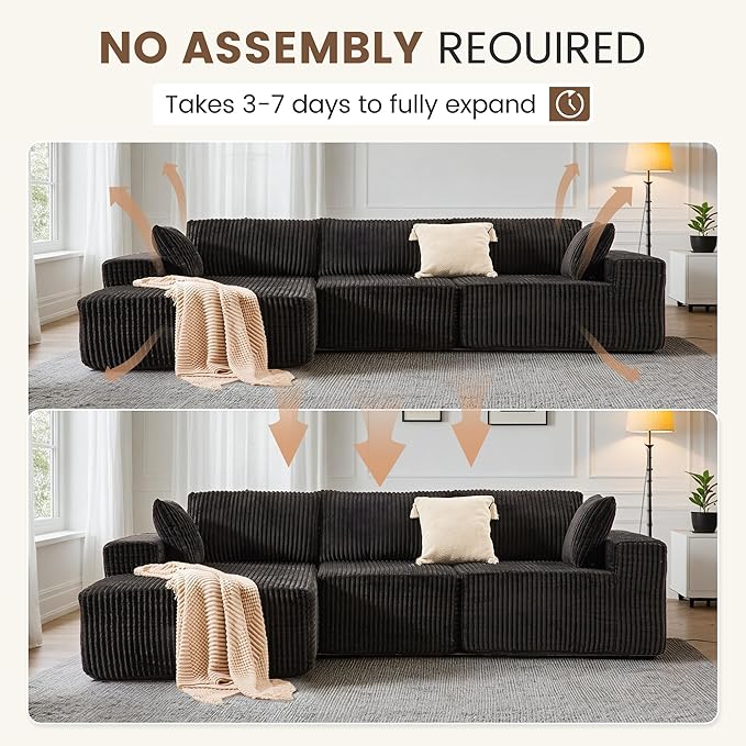Apicizon 113" Sectional Sofa Couch for Living Room, 3 Seat Boneless Sofa with Chaise Longue, L-Shape Modular Sectional Couches with Deep Seat for Apartment，No Assembly Required (Stripe Corduroy Black)