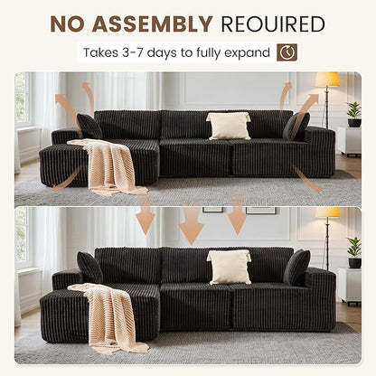 Apicizon 113" Sectional Sofa Couch for Living Room, 3 Seat Boneless Sofa with Chaise Longue, L-Shape Modular Sectional Couches with Deep Seat for Apartment，No Assembly Required (Stripe Corduroy Black)