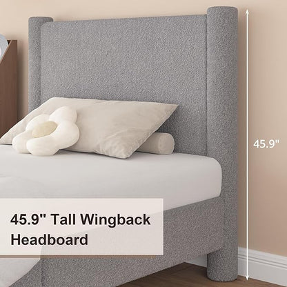 Queen Size Bed Frame, Boucle Upholstered Platform Bed with Headboard and Footboard, Soft Rounded Corners, No Box Spring Required, Easy Assembly, Light Grey