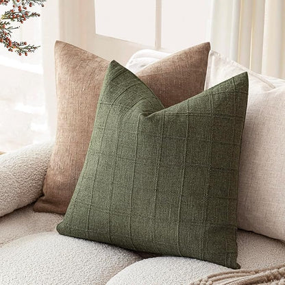 Foindtower Set of 2 Decorative Linen Check Throw Pillow Covers Neutral Farmhouse Vintage Cushion Covers Modern Boho Home Decor for Sofa Chair Couch Bedroom Living Room,16×16 Inch,Olive Green
