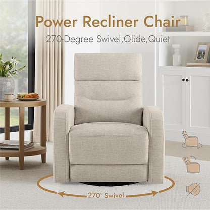 Watson & Whitely Swivel Power Recliner with Adjustable Headrest, Recliner Chairs for Adults, Small Glider Rocker for Living Room, Fabric in Khaki