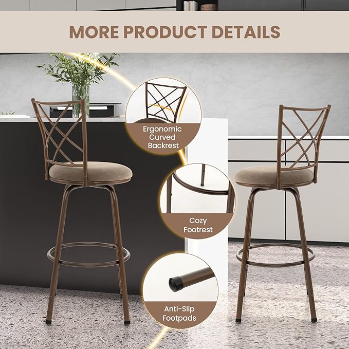 COSTWAY Bar Stools for Kitchen Island, 24/30 Inch Adjustable Seat Height Swivel Barstools, Plush Fabric Cushioned Seat & Cozy Backrest, Extra Leg Tubes for Height Adjustment, for Kitchen, Bar (2)