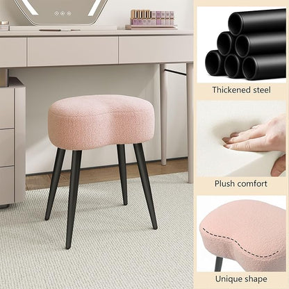 White Vanity Stool, Soft Makeup Stool with Solid Metal Legs for Vanity Corner, Morden Footrest Easy to Assembly (Pink)