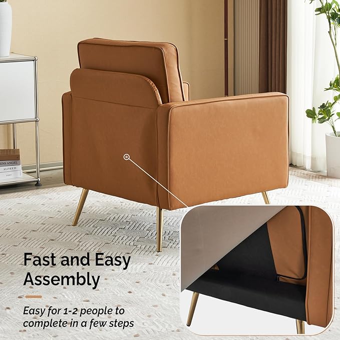 VINGLI Living Room Chairs Set of 2, Brown PU Leather Accent Chair Mid Century Modern Upholstered Sofa Chairs with Arms, Gold Legs for Living Room, Bedroom, Apartment