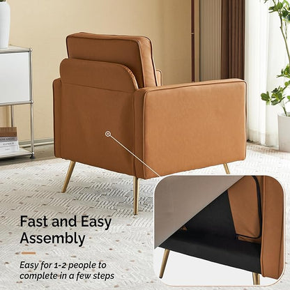 VINGLI Living Room Chairs Set of 2, Brown PU Leather Accent Chair Mid Century Modern Upholstered Sofa Chairs with Arms, Gold Legs for Living Room, Bedroom, Apartment