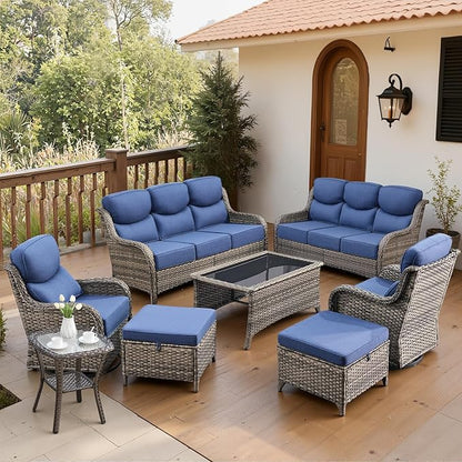 Belord Luxury 6" Thick Cushioned 8 Pieces Patio Furniture Set with Outdoor Couch, Wicker Outdoor Conversation Set with High Back Swivel Rocker Chairs for Deck Porch Yard and Poolside - Grey+Blue