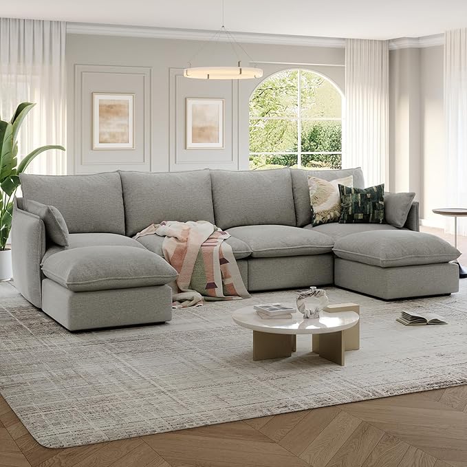 124" Cloud Modular Sectional Sofa, Waterproof Down Filled Sectional Couch, High Backrest U Shaped 4 Seater Couch with 2 Ottomans, Modern Modular Sofas with Removable Cover, Light Gray