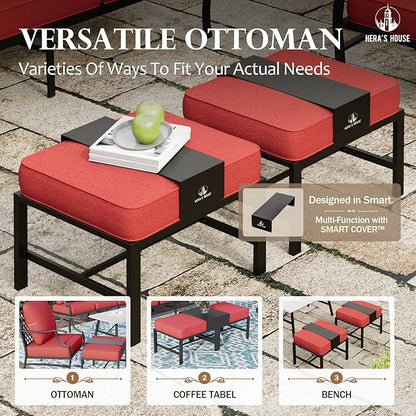 HERA'S HOUSE 7 Piece Patio Furniture Set, 2 x Swivel Chair, 2 x Leg Chair, 2 x Ottoman, 1 x 3-Seat Sofa, All Cushioned 9 Seats Metal Outdoor Conversation Set for Lawn Garden Backyard