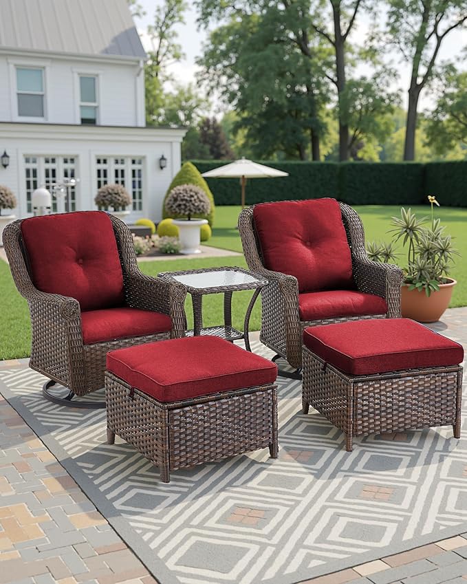 3 Piece Patio Swivel Chairs and Side Table Set - High Back Outdoor Brown Wicker Rattan Rocking Glider with Thick Cushions for Porch Apartment Deck Yard Poolside Garden - Red
