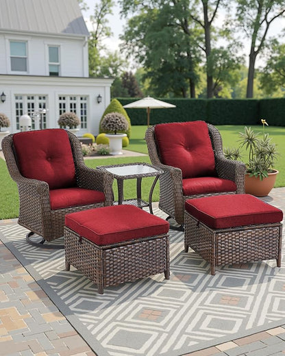 3 Piece Patio Swivel Chairs and Side Table Set - High Back Outdoor Brown Wicker Rattan Rocking Glider with Thick Cushions for Porch Apartment Deck Yard Poolside Garden - Red