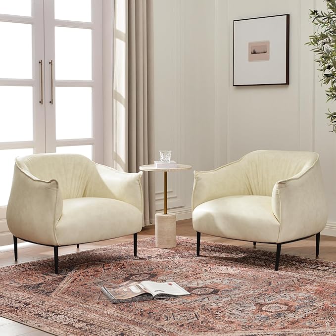 KINWELL 33" W Faux Leather Barrel Chairs Set of 2 with Hand-Tufted Pleated Back Flared Arms, Modern PU Upholstered Accent Chairs with Metal Legs, Large Armchairs Lounge Chairs for Living Room, Cream