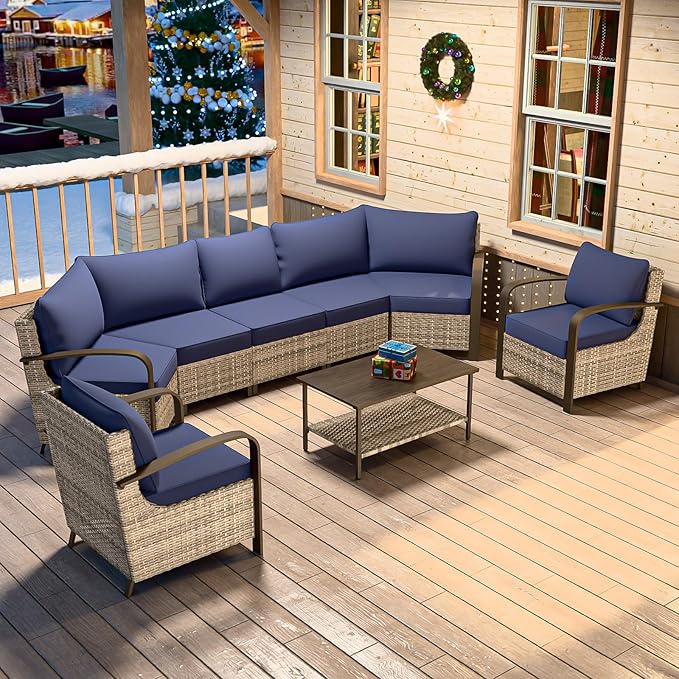 COOS BAY Aurora Terrace Half-Moon Outdoor Furniture Set, Rattan Conversation Set with Patio Chairs, Curved 5-Seat Sofa, Coffee Table, Seats 7, Beige/Blue