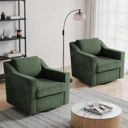 UIXE Swivel Accent Chairs Set of 2, Chenille Upholstered Arm Chair for Living Room, Modern Club Armchair Comfy Single Sofa Bedroom Reading Seat with Lumbar Pillow - Green