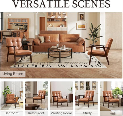 Bonzy Home Mid Century Modern Accent Chair Set of 2 for Living Room, Upholstered Faux Leather Armchair Comfy Retro Bedroom Side Chair with Solid Wood Frame, Orange