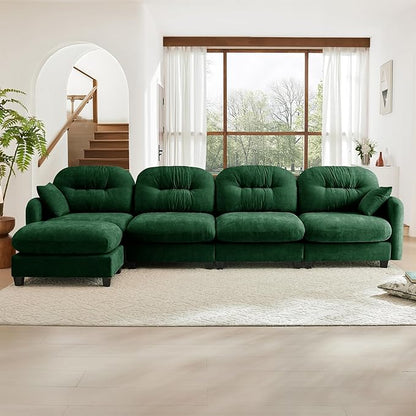 140" L Shaped Sofa for Living Room, Comfy Chenille Fabric Cloud Sectional Couch, Modern Upholstered Deep Seat Sofa with Pillow and Movable Ottoman, Oversized 4 Seater Sectional Sofa, Green