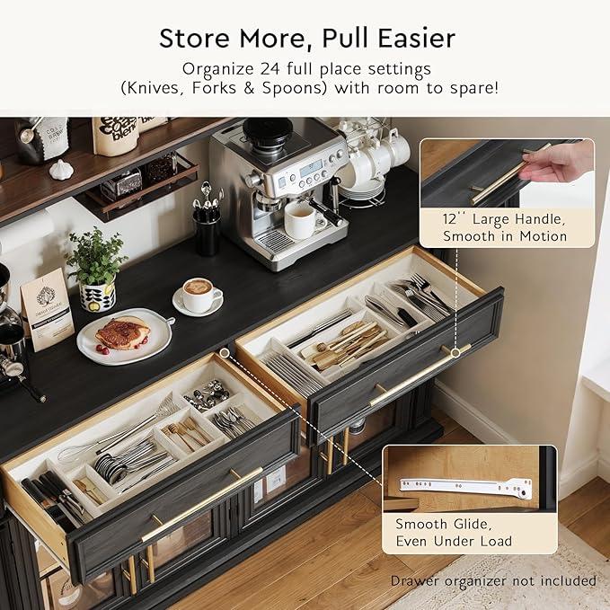 LGHM 63" Sideboard Buffet Cabinet with Drawers, Modern Kitchen Storage Cabinet with Adjustable Shelves and Magnetic Catch Doors, Wood Coffee Bar for Kitchen, Living Room, Black