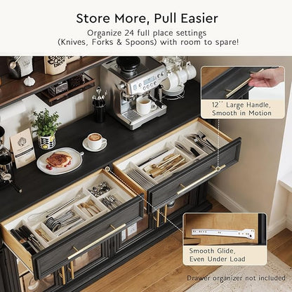LGHM 63" Sideboard Buffet Cabinet with Drawers, Modern Kitchen Storage Cabinet with Adjustable Shelves and Magnetic Catch Doors, Wood Coffee Bar for Kitchen, Living Room, Black