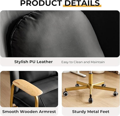 Furniliving Leather Office Chairs,Gold Office Chair, Adjustable Swivel Computer Chair with Golden Legs and Wooden Padded Armrest, Modern Upholstered Task Chair with Wheels,Black