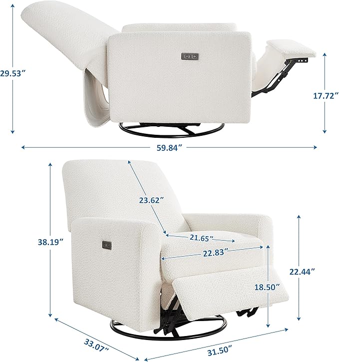 VANOMi Power Swivel Glider Recliner Chair, Electric Nursery Rocker Recliner Chair, USB & Type-C Charger, Boucle White