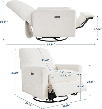 VANOMi Power Swivel Glider Recliner Chair, Electric Nursery Rocker Recliner Chair, USB & Type-C Charger, Boucle White