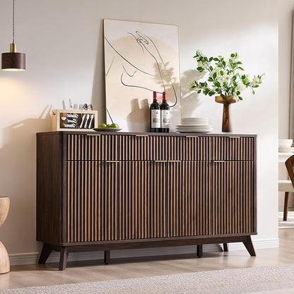 OKD Fluted Storage Cabinet with Drawers, 60" Morden Buffet Sideboard Coffee Bar Cabinet with 4 Doors and 3 Drawers for Dining Room, Living Room,Hallway (Dark Walnut)