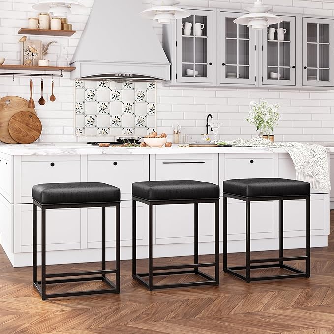 ALPHA HOME 24 Inch Counter Height Bar Stools Set of 3, Upholstered Bar Stools for Kitchen Island, Counter Stools with Faux Leather Cushion and Sturdy Metal Frame, Modern Barstools, Black