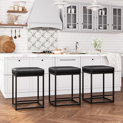 ALPHA HOME 24 Inch Counter Height Bar Stools Set of 3, Upholstered Bar Stools for Kitchen Island, Counter Stools with Faux Leather Cushion and Sturdy Metal Frame, Modern Barstools, Black