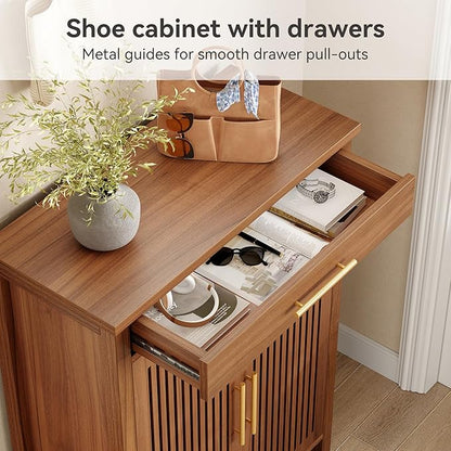 LITTLE TREE Narrow Storage Shoe Rack, 6-Tier Wooden Shoe Cabinet with Drawer, Freestanding Slim Shoe Cabinet Shoe Organizer for Entryway, Hallway, Closet, Bedroom, Living Room, Brown
