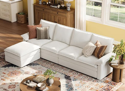LINSY HOME Modular Cloud Couch, 113" L Shaped Sectional Sofa with Double Layer Cushions and Ottoman, Chenille 4 Seater Sofa Set for Living Room, Apartment, Beige