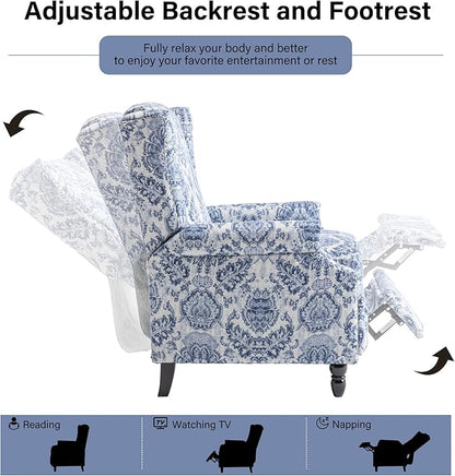 Recliner Chair, Upholstered Wingback Floral Pushback Armchair with Adjustable Backrest & Footrest, Comfy Accent Chair Reading Single Sofa for Small Spaces, Living Room, Bedroom-Navy Blue, Set of 2