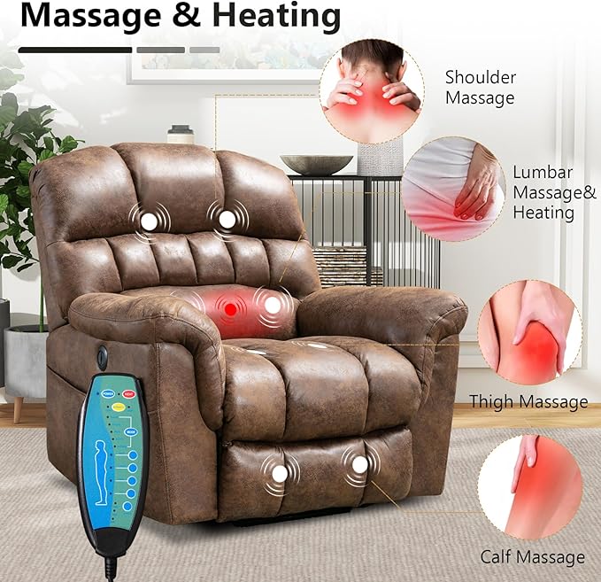 Large Power Lift Recliner Set of 2 with Massage and Heat for Elderly, Faux Leather Electric Lifting Recliners with USB Port, Oversized Reclining Sofa Chair for Living Room, Brown