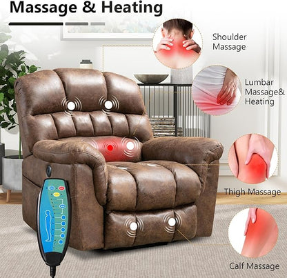 Large Power Lift Recliner Set of 2 with Massage and Heat for Elderly, Faux Leather Electric Lifting Recliners with USB Port, Oversized Reclining Sofa Chair for Living Room, Brown