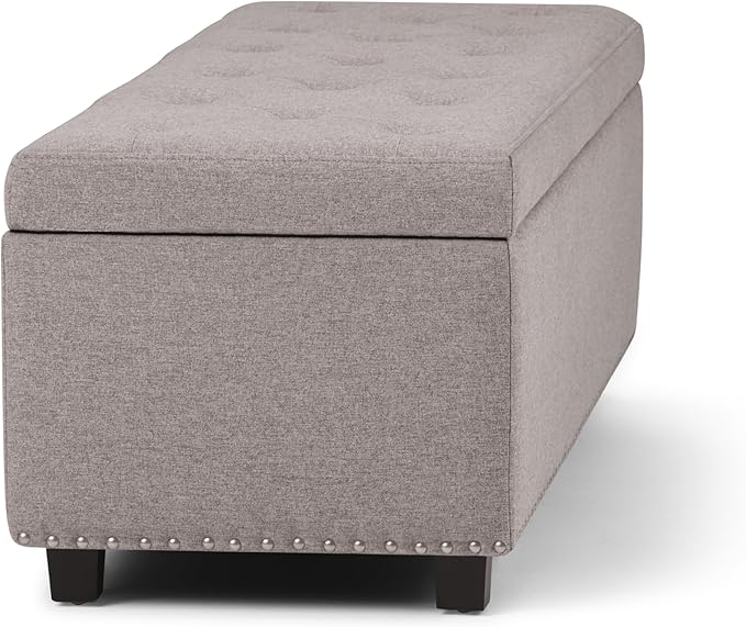 SIMPLIHOME Hamilton 48 inch Wide Transitional Rectangle Storage Ottoman in Cloud Grey Linen Look Fabric, Assembled, For the Living Room, Entryway and Family Room