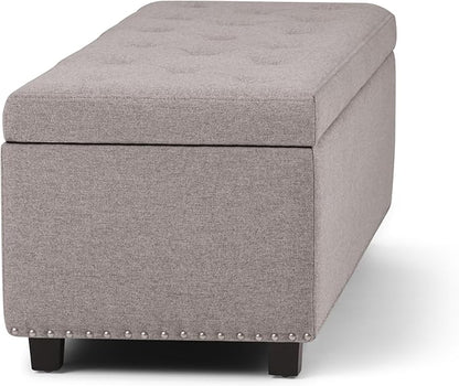 SIMPLIHOME Hamilton 48 inch Wide Transitional Rectangle Storage Ottoman in Cloud Grey Linen Look Fabric, Assembled, For the Living Room, Entryway and Family Room