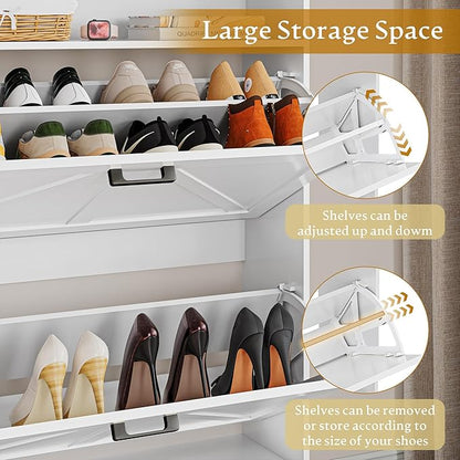 Shoe Storage Cabinet with 2 Flip Drawers, Narrow Wood Shoe Cabinet Storage for Entryway with Metal Legs & Hooks, Adjustable Shelves, Freestanding Shoe Rack Organizer for Foyer, Hallway, White