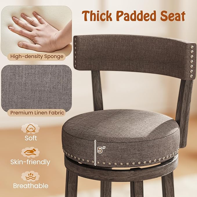 COSTWAY Bar Stools Set of 2, Upholstered Farmhouse Bar stools w/Cushioned Seat & Backrest, Solid Wood Legs, Footrest, 26” Counter Height Swivel Stools for Kitchen Island, Pub (2, 26'' Seat Height)