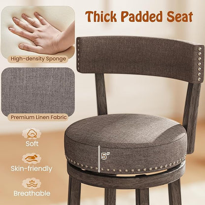 COSTWAY Bar Stools Set of 2, Upholstered Farmhouse Bar stools w/Cushioned Seat & Backrest, Solid Wood Legs, Footrest, 26” Counter Height Swivel Stools for Kitchen Island, Pub (2, 26'' Seat Height)
