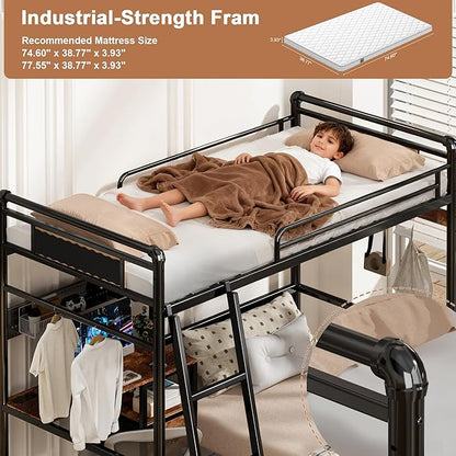 Bunk Bed Twin Over Twin, Industrial Heavy Duty Metal Bed with LED Lights & Charging Sation, bunk beds for Kids, School, Bedroom, Safety Guardrail and Ladder