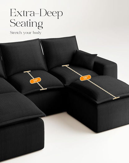 107" Comfy Cloud Couch with U-Shape Chaise & Deep Seat, Modular Sectional Sofa in a Box, Boneless Upholstered Couches for Living Room, No Assembly Required (Soft Corduroy, Black)
