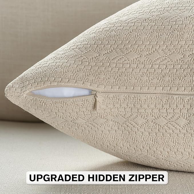 FUTEI Beige Chenille Throw Pillow Covers 24x24 Inch Set of 2,Soft Striped & Diamond Textured European Cushion Cases,Modern Home Decor for Couch Living Room