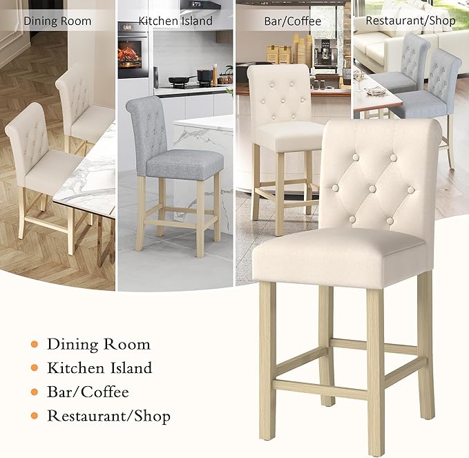 GOTMINSI 24" Bar Stools Set of 4 for Kitchen Island Upholstered Counter Height Bar Stools with Button Tufted Decoration Barstools Home Kitchen Island Wooden Bar Chairs Beige