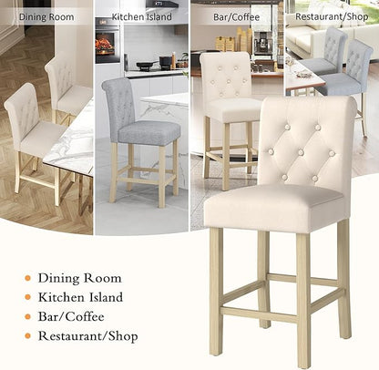 GOTMINSI 24" Bar Stools Set of 4 for Kitchen Island Upholstered Counter Height Bar Stools with Button Tufted Decoration Barstools Home Kitchen Island Wooden Bar Chairs Beige